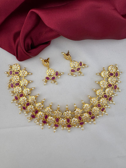 FeelOri Aurora Ruby & AD Halo Bridal Set - elegant gold jewelry with intricate ruby, AD stone, and pearl details.