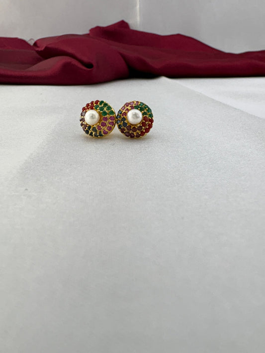 FeelOri Auspicious Navaratna AD stud earrings pair showcasing traditional nine gemstone cluster in gold setting