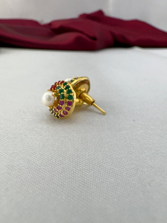 FeelOri Auspicious Navaratna AD stud earrings side angle showing gold post construction and secure back mechanism