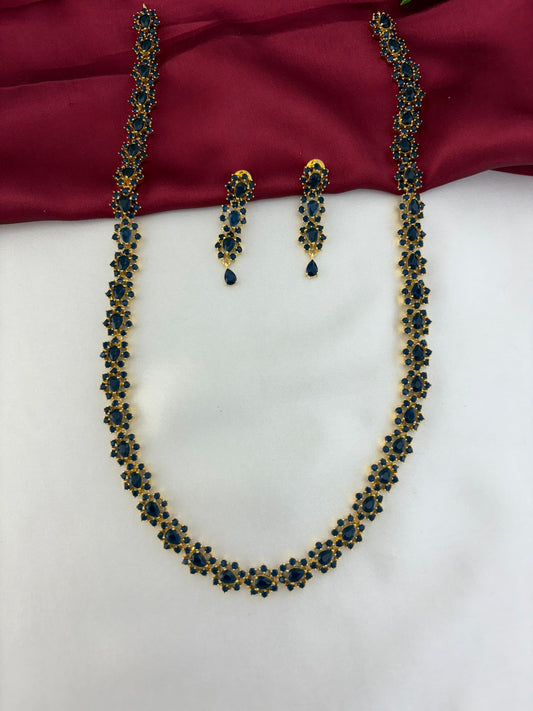 FeelOri Azure Aura Sapphire-Blue & AD Halo Long Necklace & Earring Set - Complete view of the gold-tone necklace and matching earrings with sapphire-blue and AD stones by feelori.