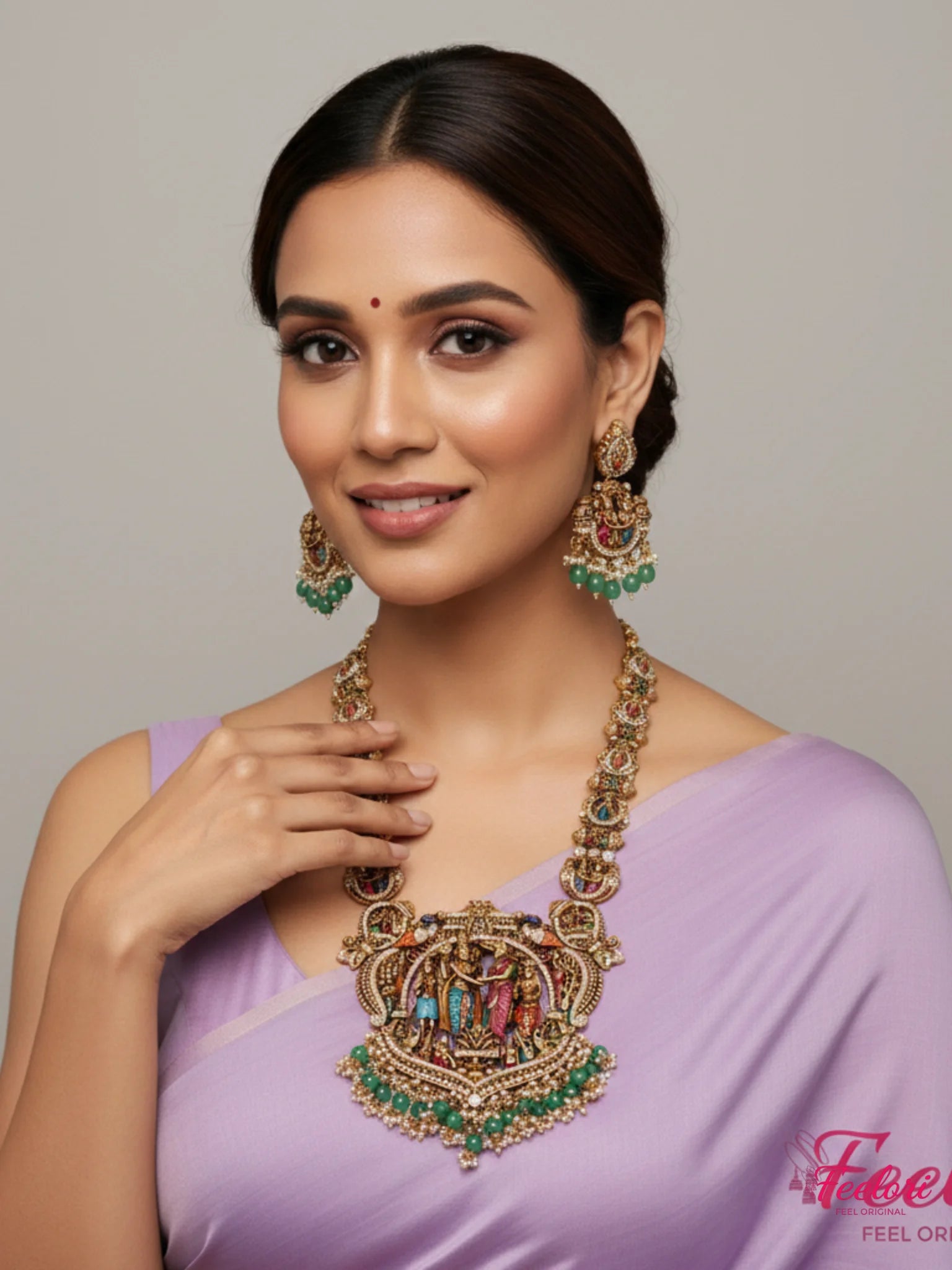 FeelOri Gold Plated Temple Jewellery Necklace Set - Model wearing Meenakari set with lilac saree