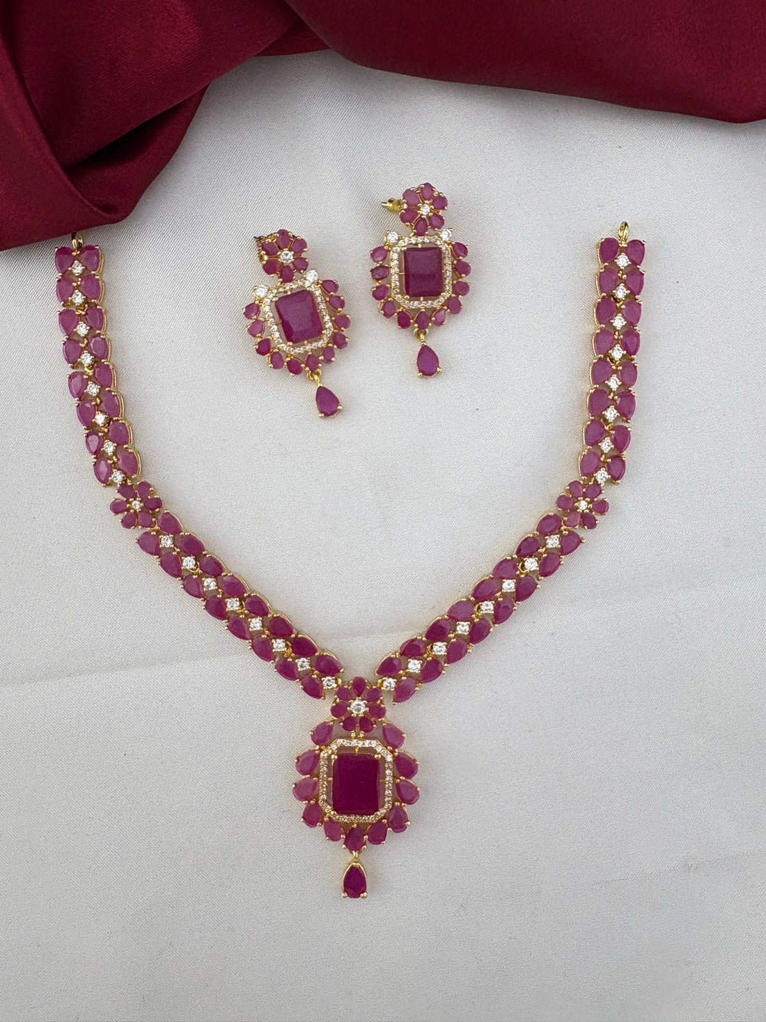 Alternate angle of FeelOri Cascade Ruby & AD Vine Necklace Set. Chennai Elegance design by feelori.