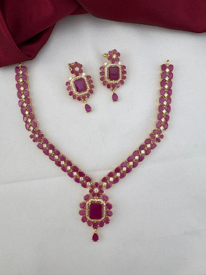 Alternate angle of FeelOri Cascade Ruby & AD Vine Necklace Set. Chennai Elegance design by feelori.