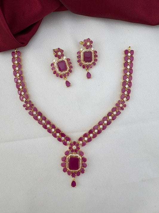 Alternate angle of FeelOri Cascade Ruby & AD Vine Necklace Set. Chennai Elegance design by feelori.