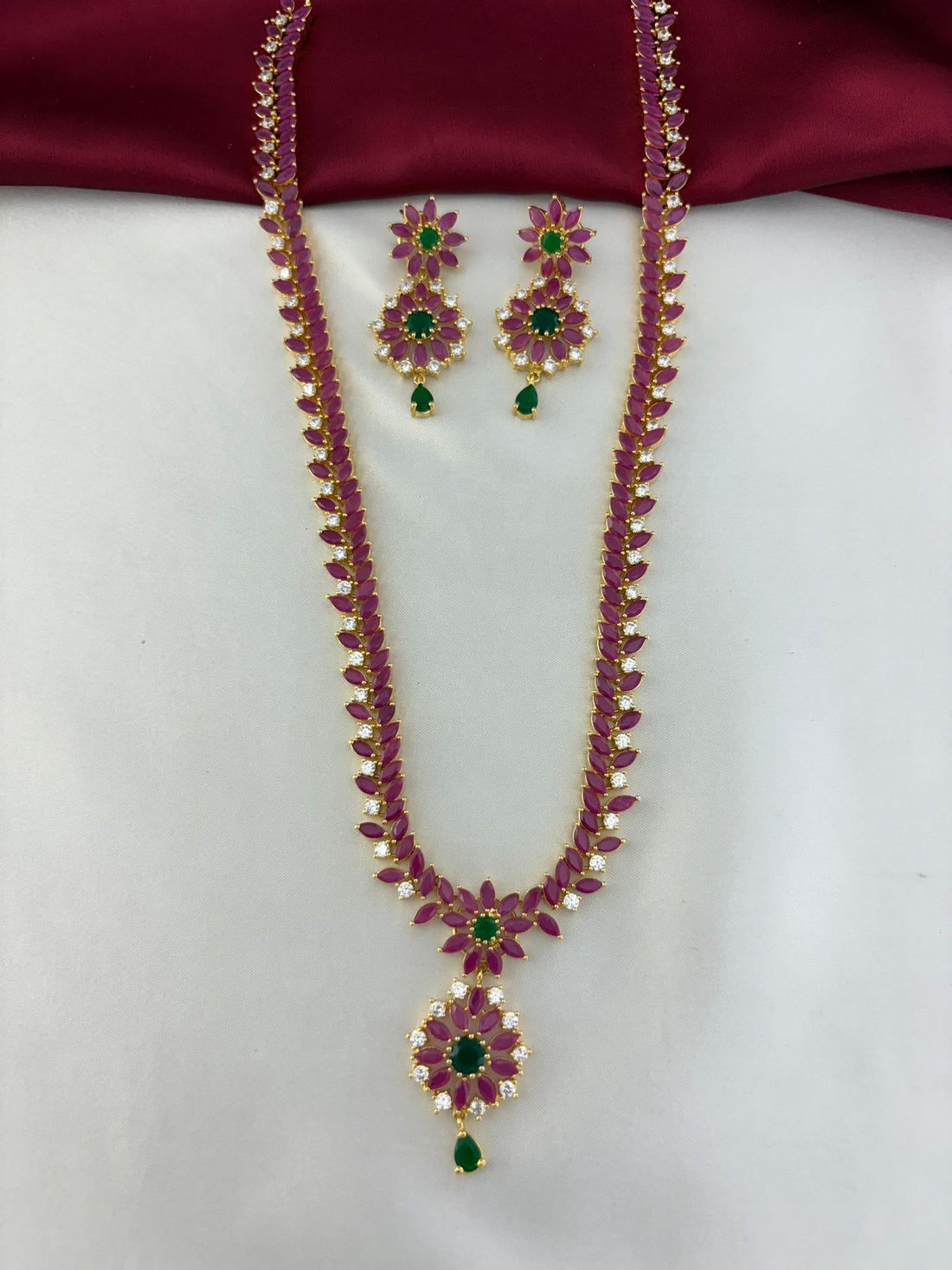 Feelori Celestial Cascade Rainbow AD Long Necklace and Earring Set - Main product image showing the full set with ruby, emerald, and white AD stones.