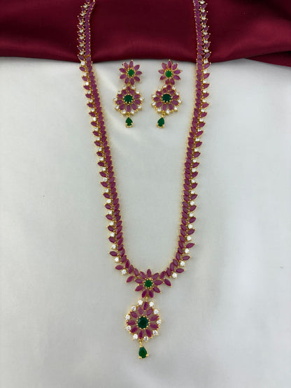 Feelori Celestial Cascade Rainbow AD Long Necklace and Earring Set - Main product image showing the full set with ruby, emerald, and white AD stones.