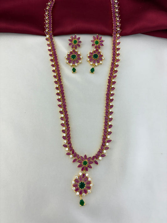Feelori Celestial Cascade Rainbow AD Long Necklace and Earring Set - Main product image showing the full set with ruby, emerald, and white AD stones.
