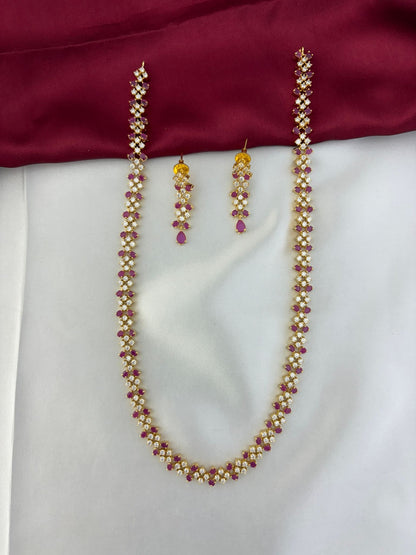 FeelOri Crimson Sparkle Weave Ruby & AD Long Necklace and Earring Set - Alternate full view.