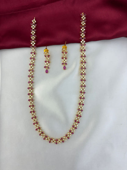 FeelOri Crimson Sparkle Weave Ruby & AD Long Necklace and Earring Set - Main view.