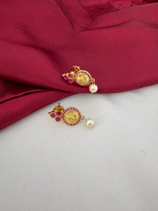 FeelOri Designer Ruby-Tone CZ Short Necklace Set - Close-up of the intricate ruby and pearl drop earrings.
