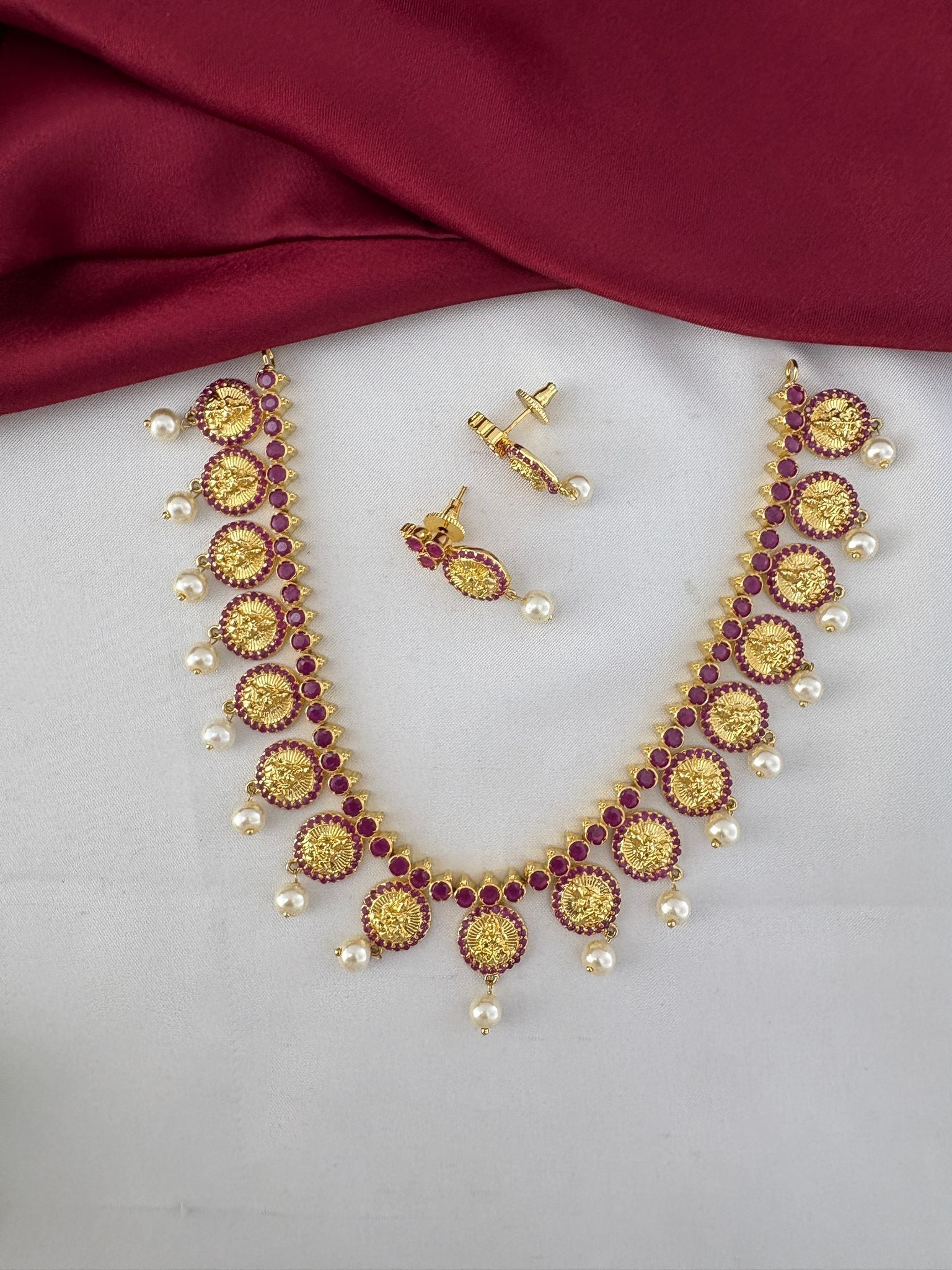 FeelOri Designer Ruby-Tone CZ Short Necklace Set with Modern Twist - Full set view of necklace and matching earrings.