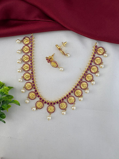 FeelOri Designer Original Ruby Short Necklace Set with Modern Twist - Necklace and earrings styled with a decorative green accent.