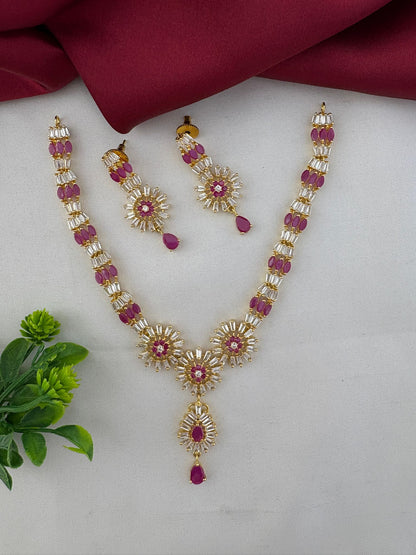 FeelOri Divine Original Ruby Short Necklace Set - Temple Collection, elegant short necklace with matching drop earrings, ruby-colored and white stones, on a styled background.