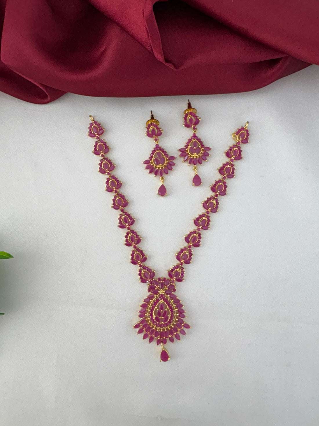 FeelOri Exquisite Ruby-Tone CZ Short Necklace Set with matching earrings, ideal for bridal wear - full view.