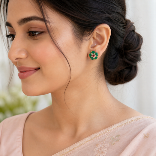 Model wearing FeelOri Garden Party green white and pink AD stud earrings for festive ethnic styling