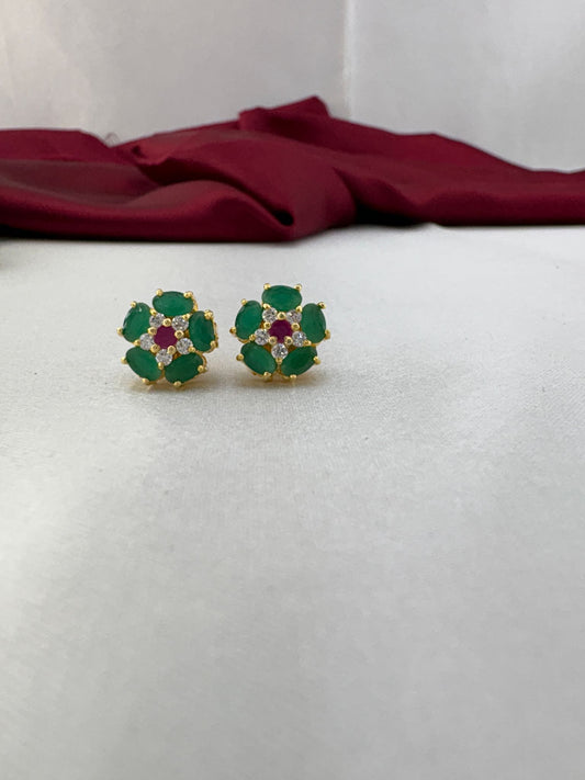 FeelOri Garden Party green white and pink AD stud earrings pair featuring garden-inspired tri-color cluster design
