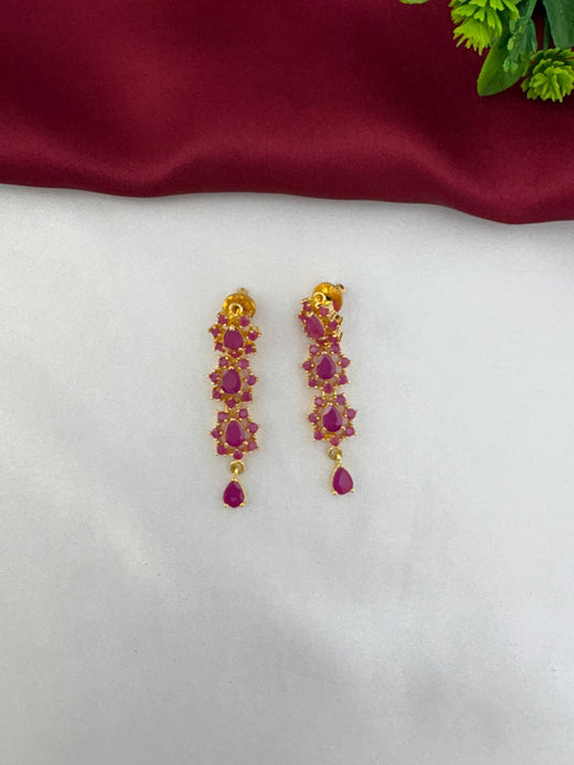 FeelOri Geometric Glow Ruby Station Long Necklace & Earring Set - Detailed close-up of the matching ruby earrings.