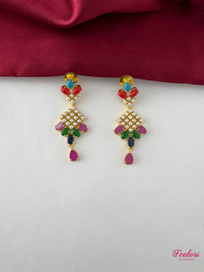 FeelOri Gold Plated Multicolor Gemstone Teardrop Earrings - Close-up view highlighting the intricate gemstone arrangement and natural pearl detailing on the matching earrings.