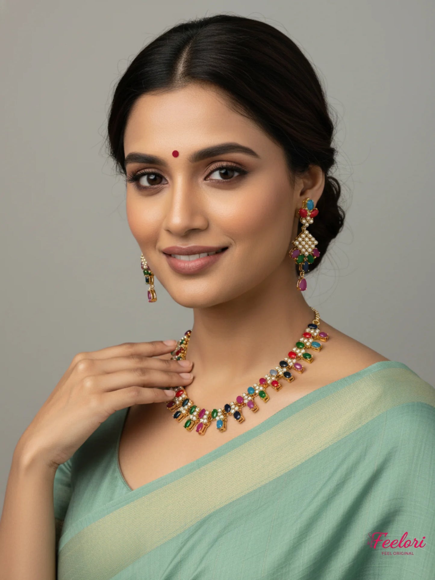 FeelOri Gold Plated Multicolor Gemstone Necklace Set - Model wearing set with saree.