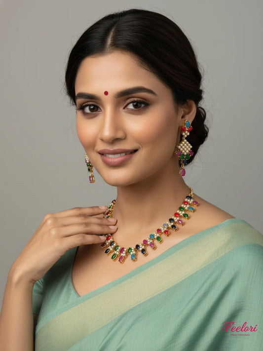 FeelOri Gold Plated Multicolor Gemstone Necklace Set - Model wearing set with saree.