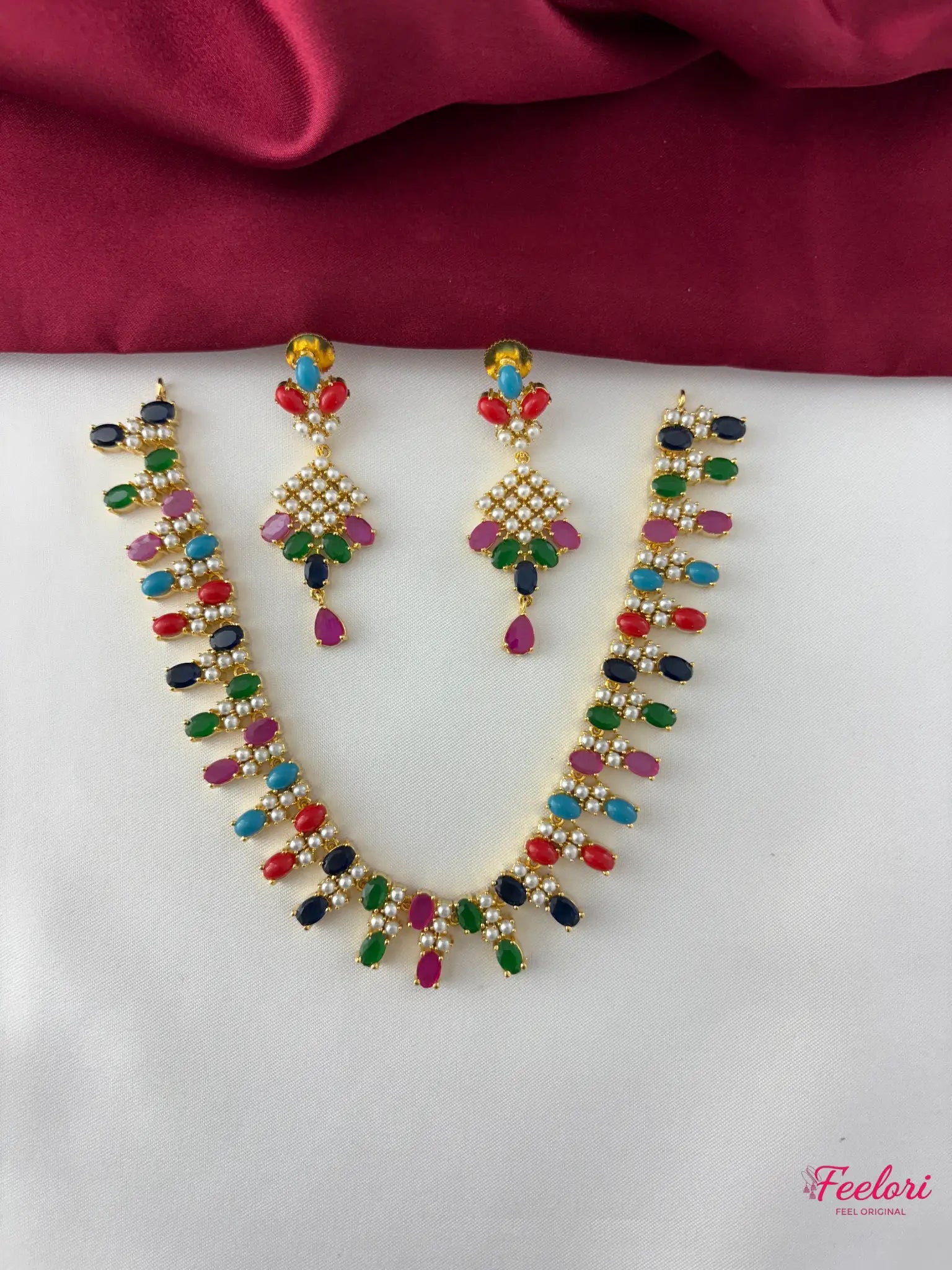 FeelOri Gold Plated Multicolor Gemstone Necklace Set - Front view showcasing the full set with vibrant leaf-like stone patterns and tear-drop earrings.