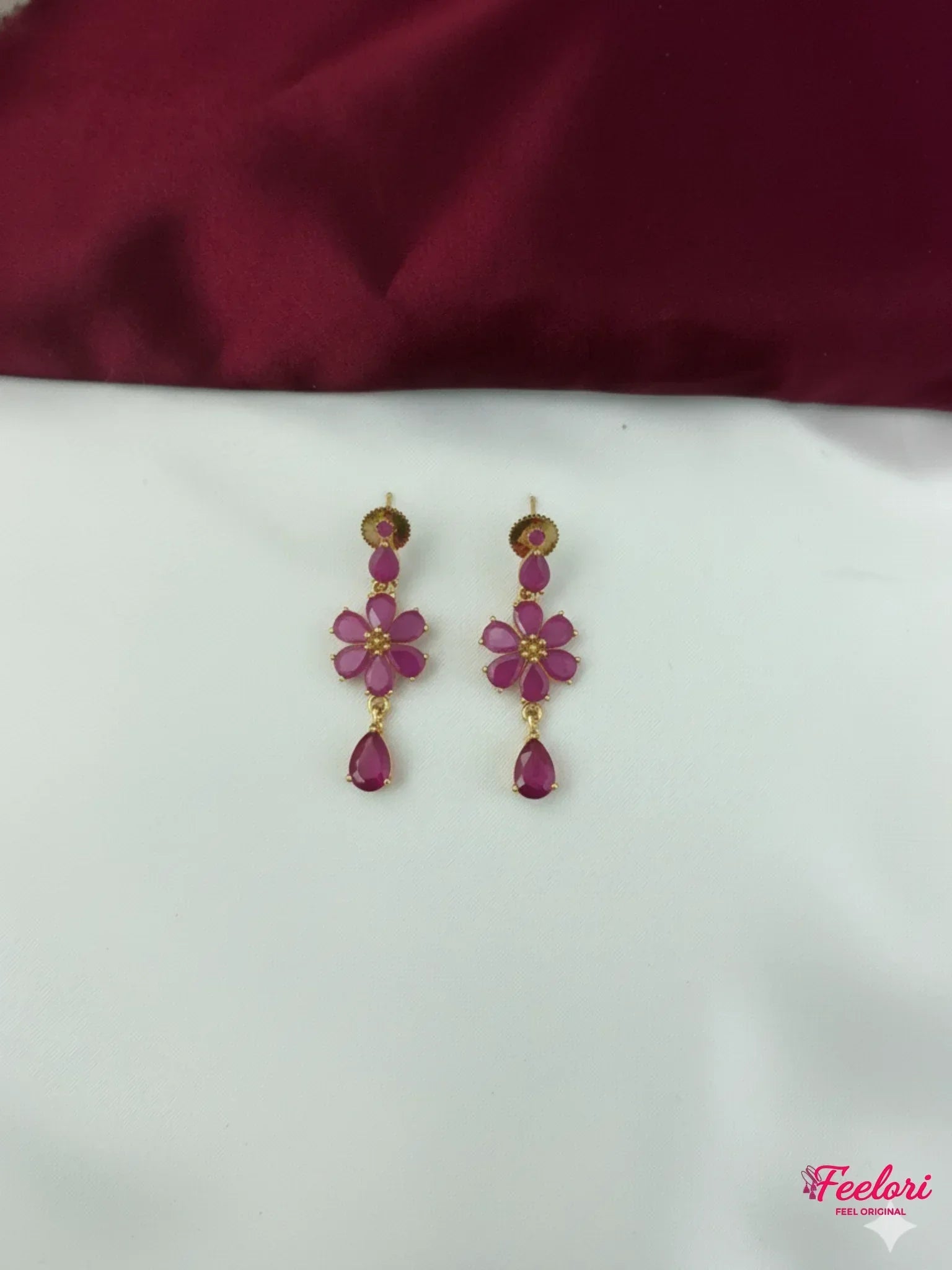 FeelOri Gold Plated Fuchsia Teardrop Flower Earrings - Close-up view of the intricate floral design and drop stone.
