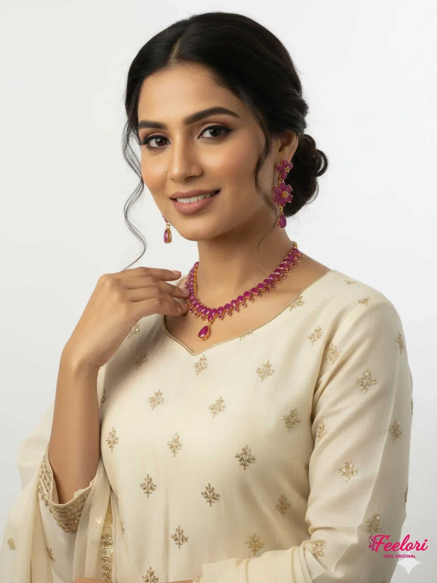 FeelOri Gold Plated Fuchsia Teardrop Flower Necklace Set - Model wearing elegant set with kurti, smiling.