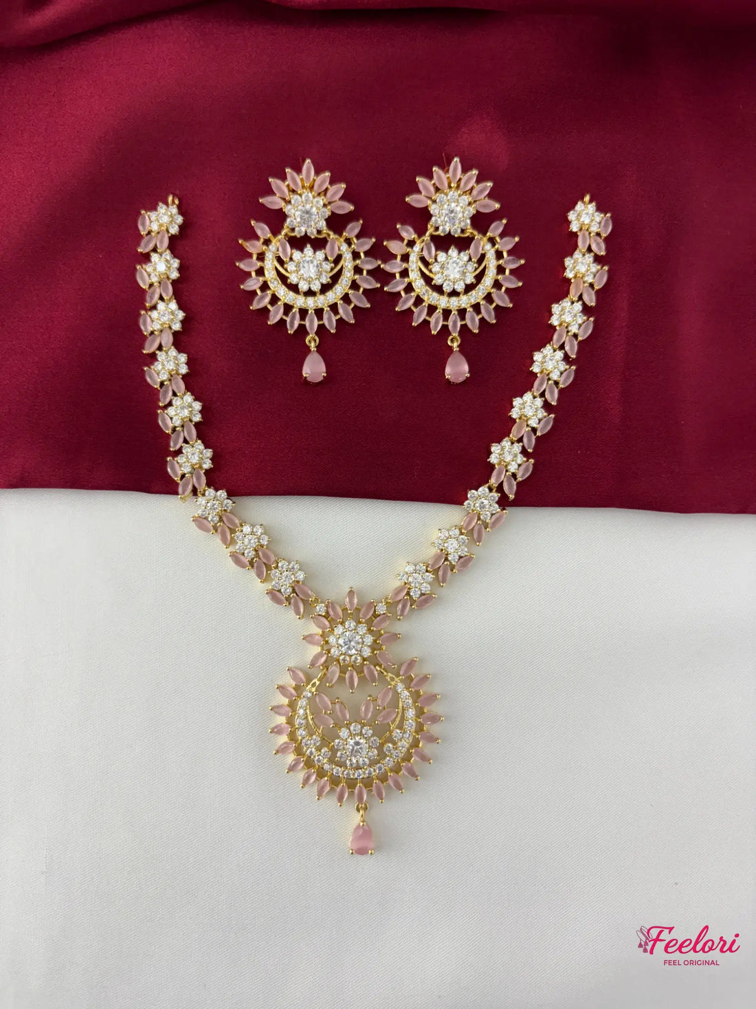 FeelOri Gold Plated Petal AD Necklace Set - Front view showcasing the complete necklace and matching earrings with genuine pink stones.