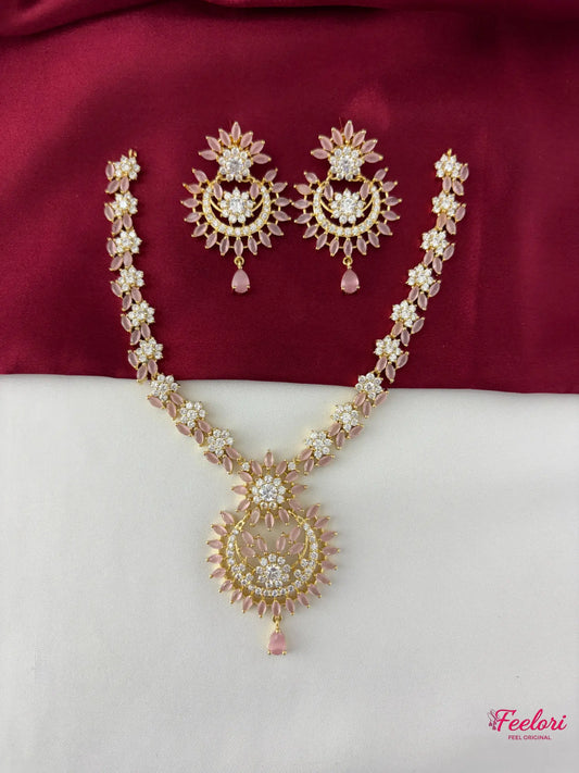 FeelOri Gold Plated Petal AD Necklace Set - Front view showcasing the complete necklace and matching earrings with genuine pink stones.