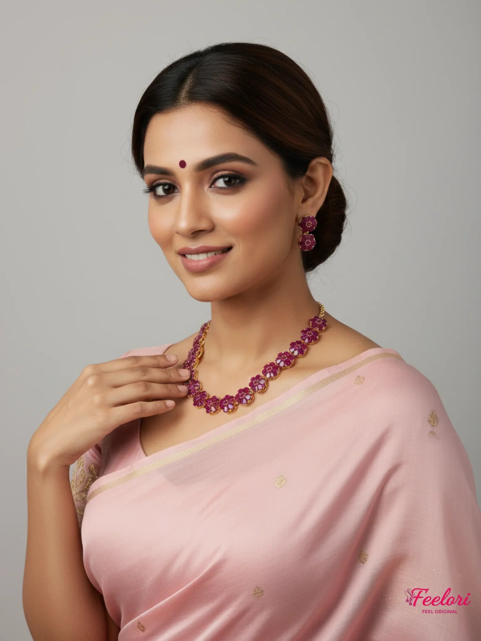 FeelOri Gold Plated Ruby Necklace Earring Set - Model wearing floral design set with pink saree.