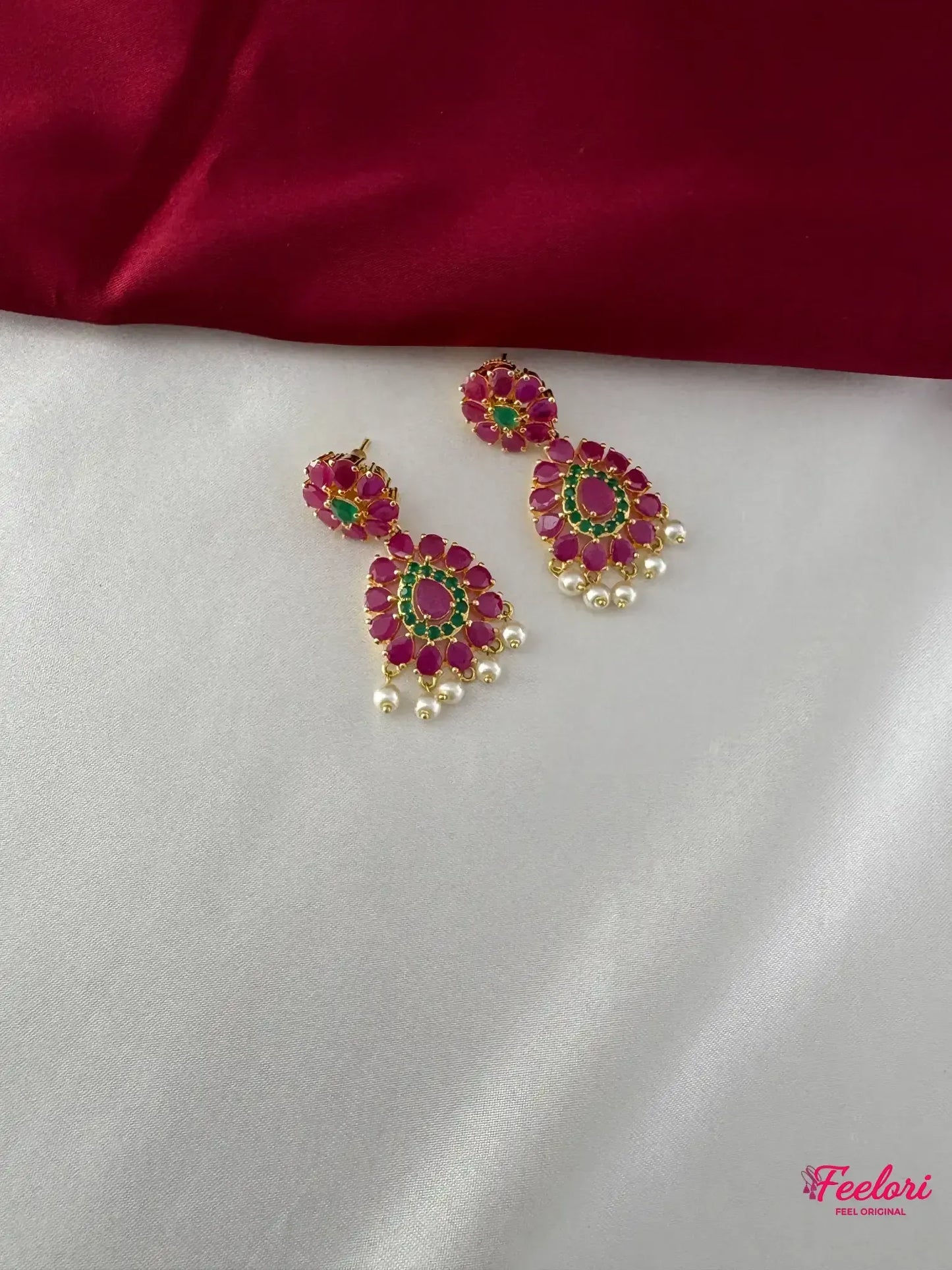 FeelOri Gold Plated Floral Ruby Emerald Earrings - Close-up view revealing the intricate stone setting and natural pearl drops.