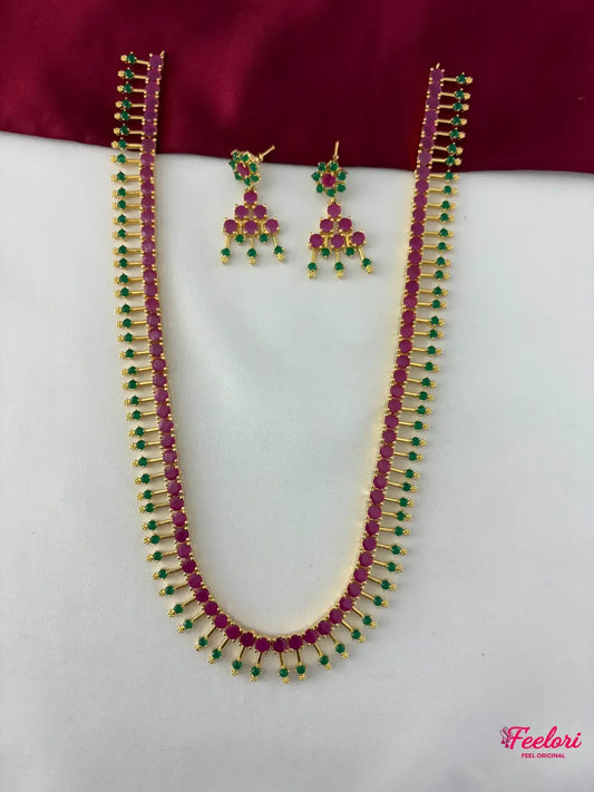 FeelOri Gold Plated Ruby Emerald Necklace Set - Front view showcasing the full long necklace and matching chandelier earrings with layered petal design.