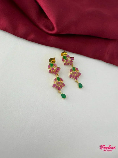 FeelOri Gold Plated Ruby Emerald Earrings - Detailed view of the matching earrings with teardrop emerald accent and floral ruby clusters.
