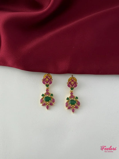 FeelOri Gold Plated Ruby Emerald Vine Necklace Set - Full view displaying the dainty trellis design necklace with matching earrings, highlighting the vibrant decorative jewellery stones.