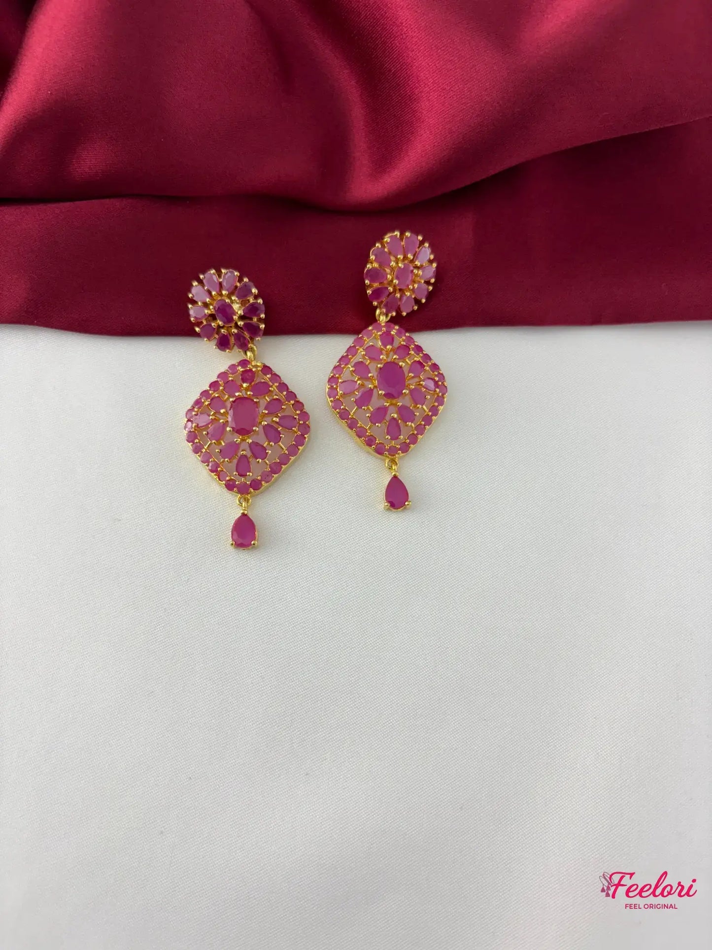 FeelOri Gold Plated Ruby Petal Cluster Earrings - Close-up view of the matching earrings, highlighting the intricate ruby arrangement and push-back fastening.