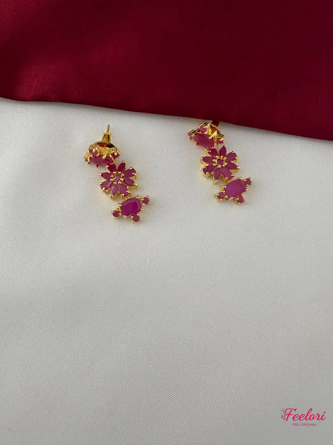 FeelOri Gold Plated Ruby-Tone Flower Strand Necklace Set - Festive Radiance - FeelOri Indian fashion jewellery view 3