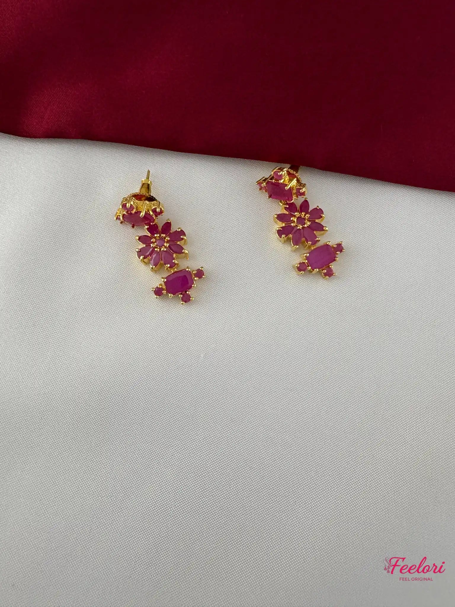 FeelOri Gold Plated Ruby-Tone Flower Strand Necklace Set - Festive Radiance - FeelOri Indian fashion jewellery view 3
