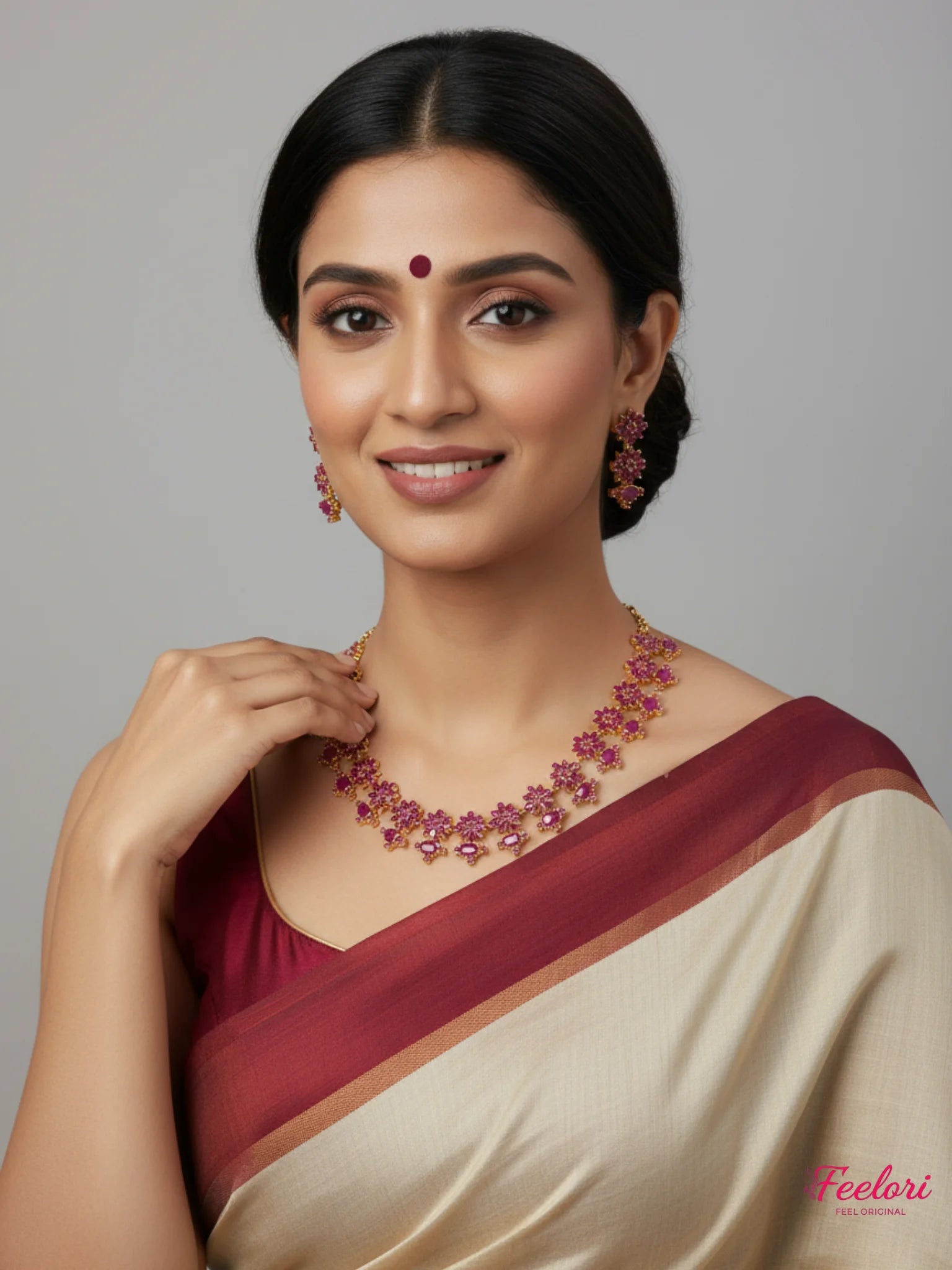 FeelOri Gold Plated Ruby Flower Strand Necklace Set - Festive Radiance - Gold and Ruby Red - Lifestyle