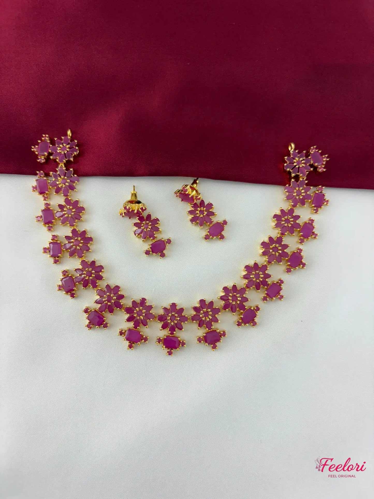 FeelOri Gold Plated Ruby Flower Strand Necklace Set - Festive Radiance