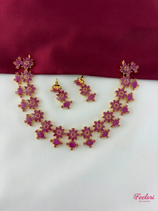 FeelOri Gold Plated Ruby Flower Strand Necklace Set - Festive Radiance