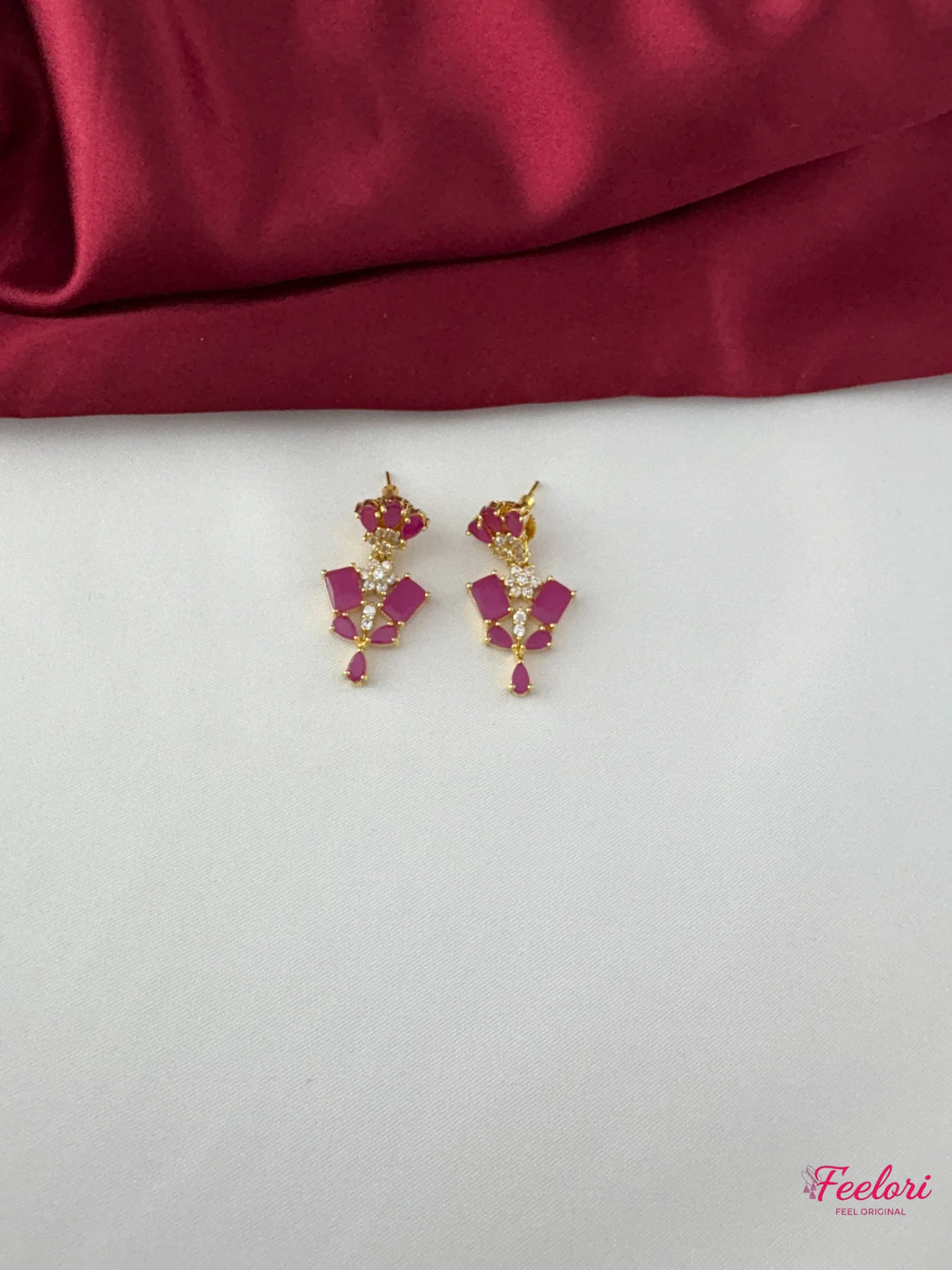 FeelOri Gold Plated Ruby-Tone Geometric Pattern Necklace Set - Regal Allure - FeelOri Indian fashion jewellery view 3