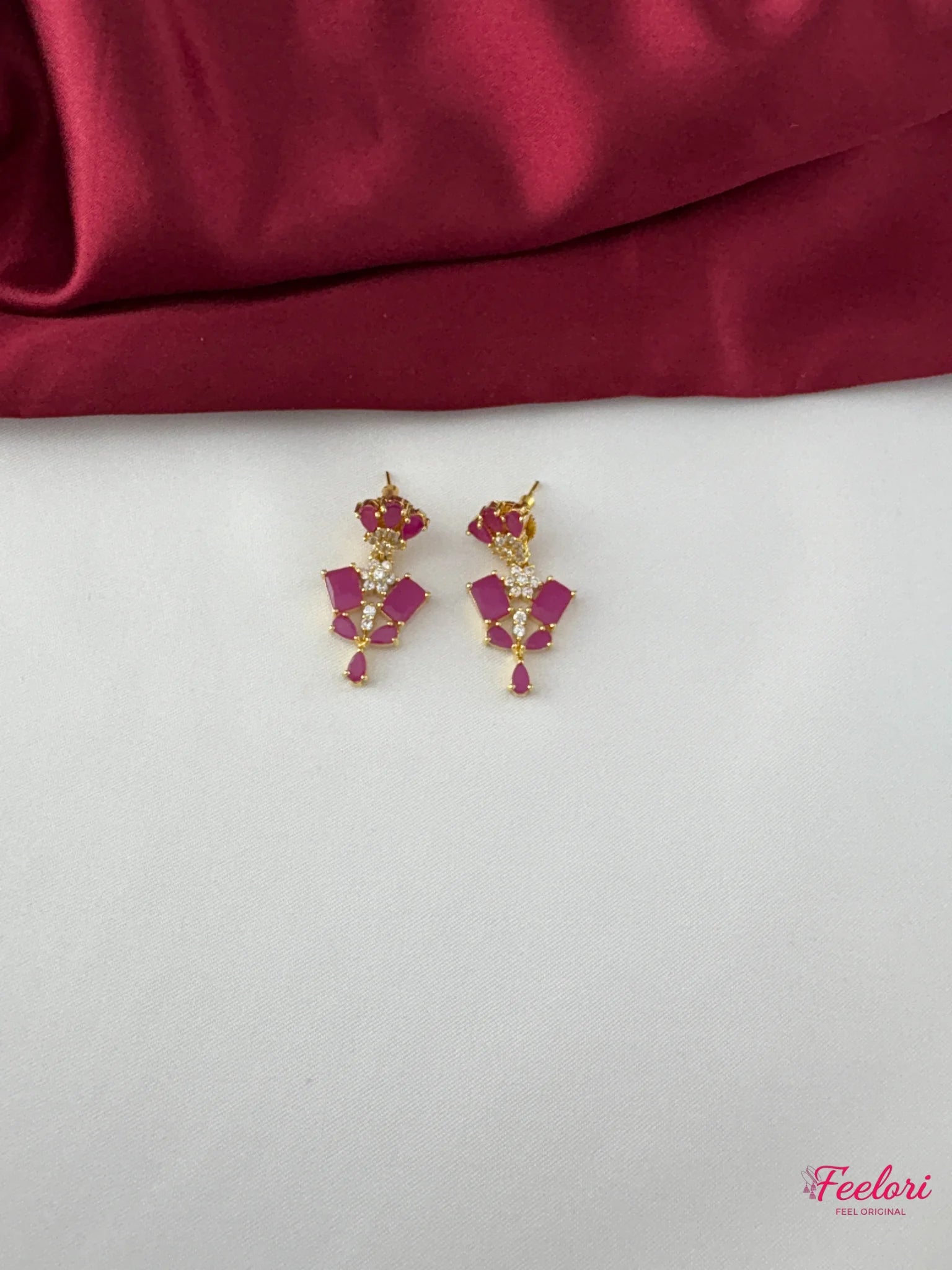 FeelOri Gold Plated Ruby-Tone Geometric Pattern Necklace Set - Regal Allure - FeelOri Indian fashion jewellery view 3