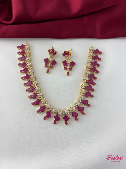 FeelOri Gold Plated Ruby Geometric Pattern Necklace Set - Regal Allure