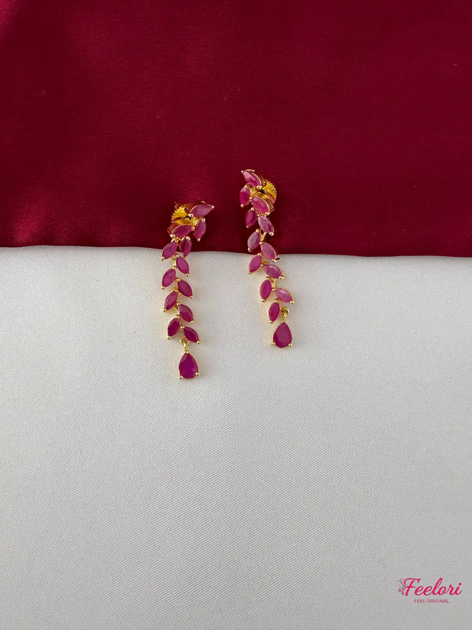 FeelOri Gold Plated Ruby-Tone Leaf Droplet Necklace Set - Vine Grace - FeelOri Indian fashion jewellery view 3