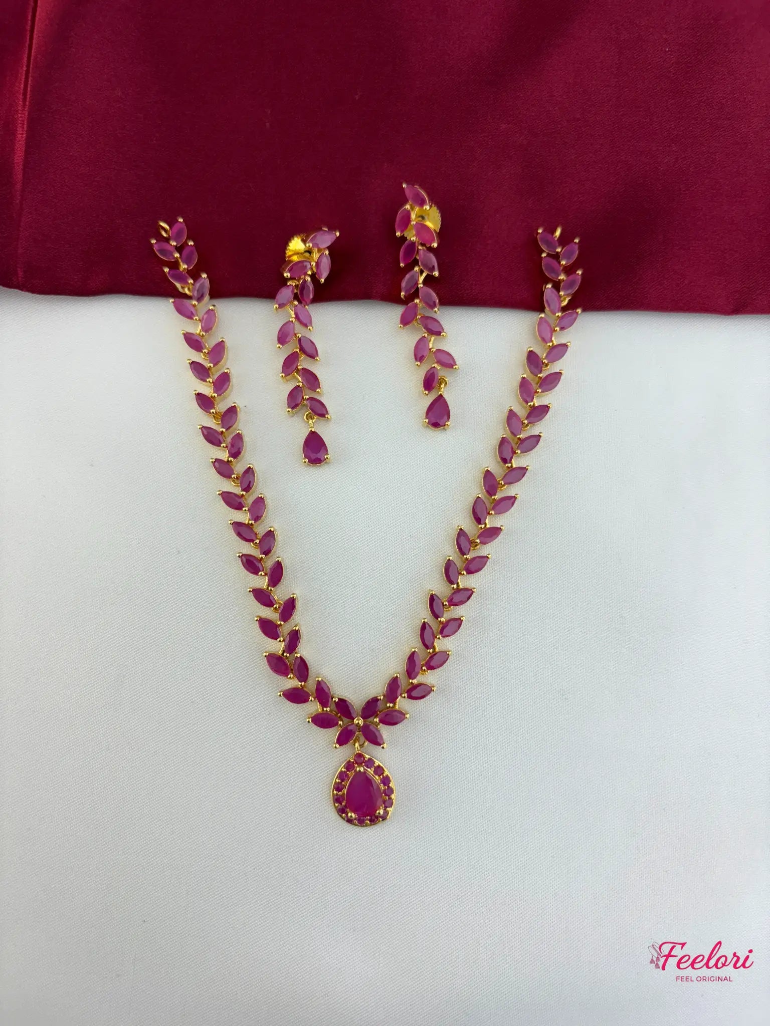 FeelOri Gold Plated Ruby-Tone Leaf Droplet Necklace Set - Vine Grace - FeelOri Indian fashion jewellery view 1
