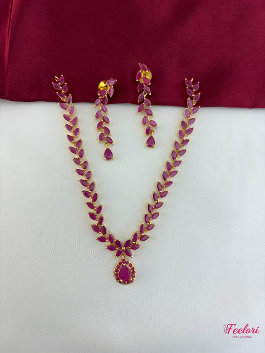 FeelOri Gold Plated Ruby Leaf Droplet Necklace Set - Vine Grace