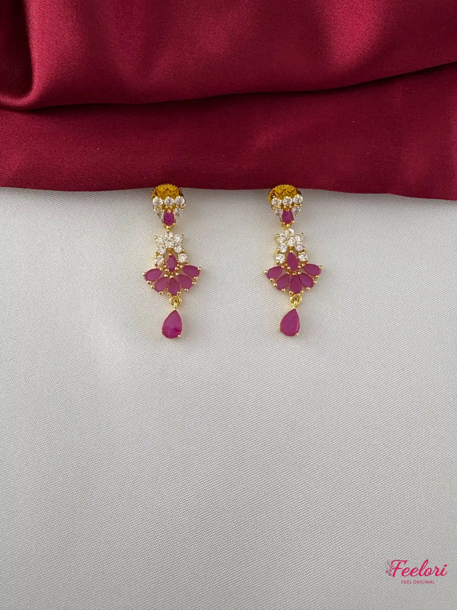 FeelOri Gold Plated Ruby-Tone Marquise Droplet Necklace Set - Clustered Earrings - FeelOri Indian fashion jewellery view 3