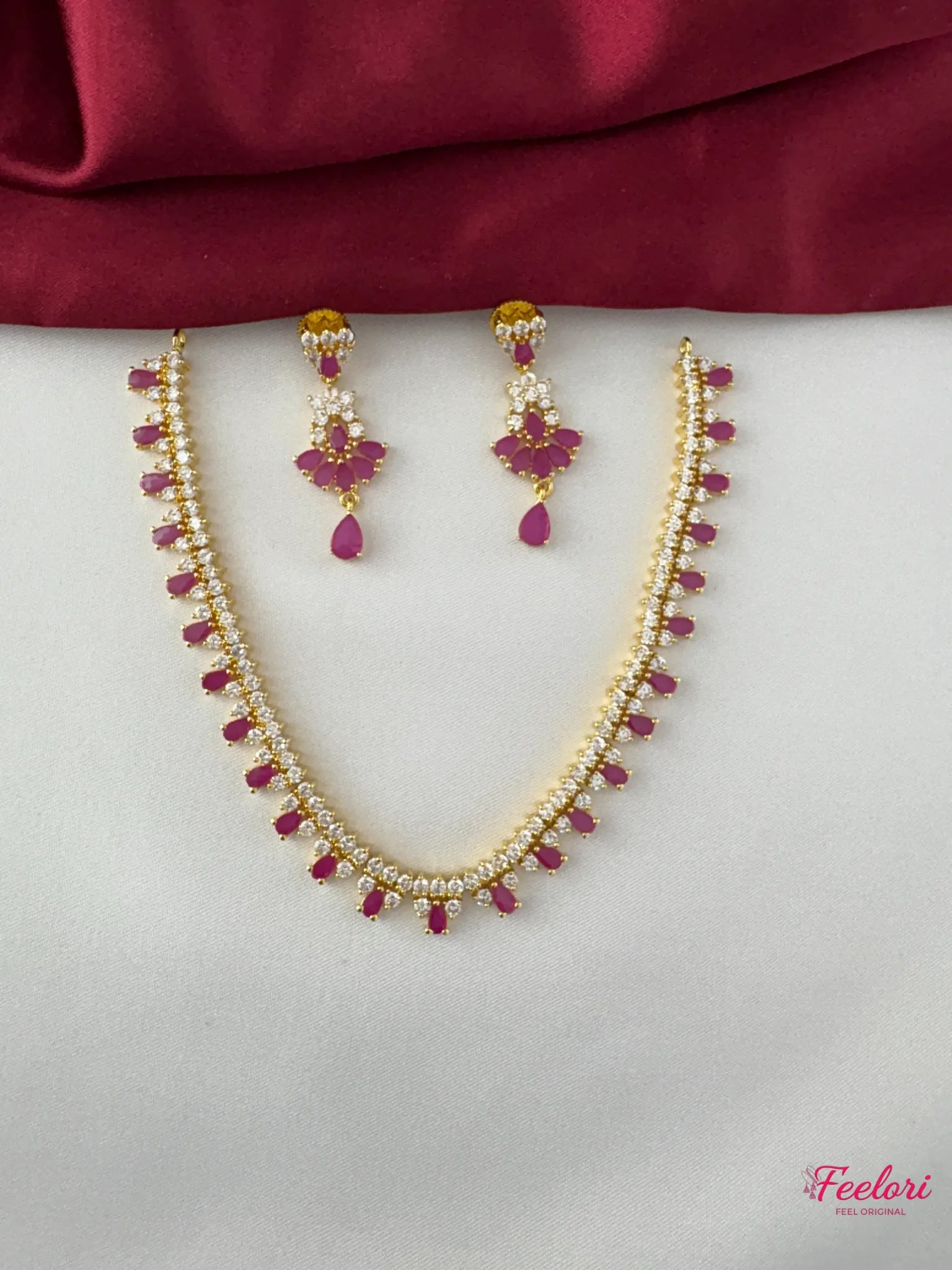 FeelOri Gold Plated Ruby-Tone Marquise Droplet Necklace Set - Clustered Earrings - FeelOri Indian fashion jewellery view 1