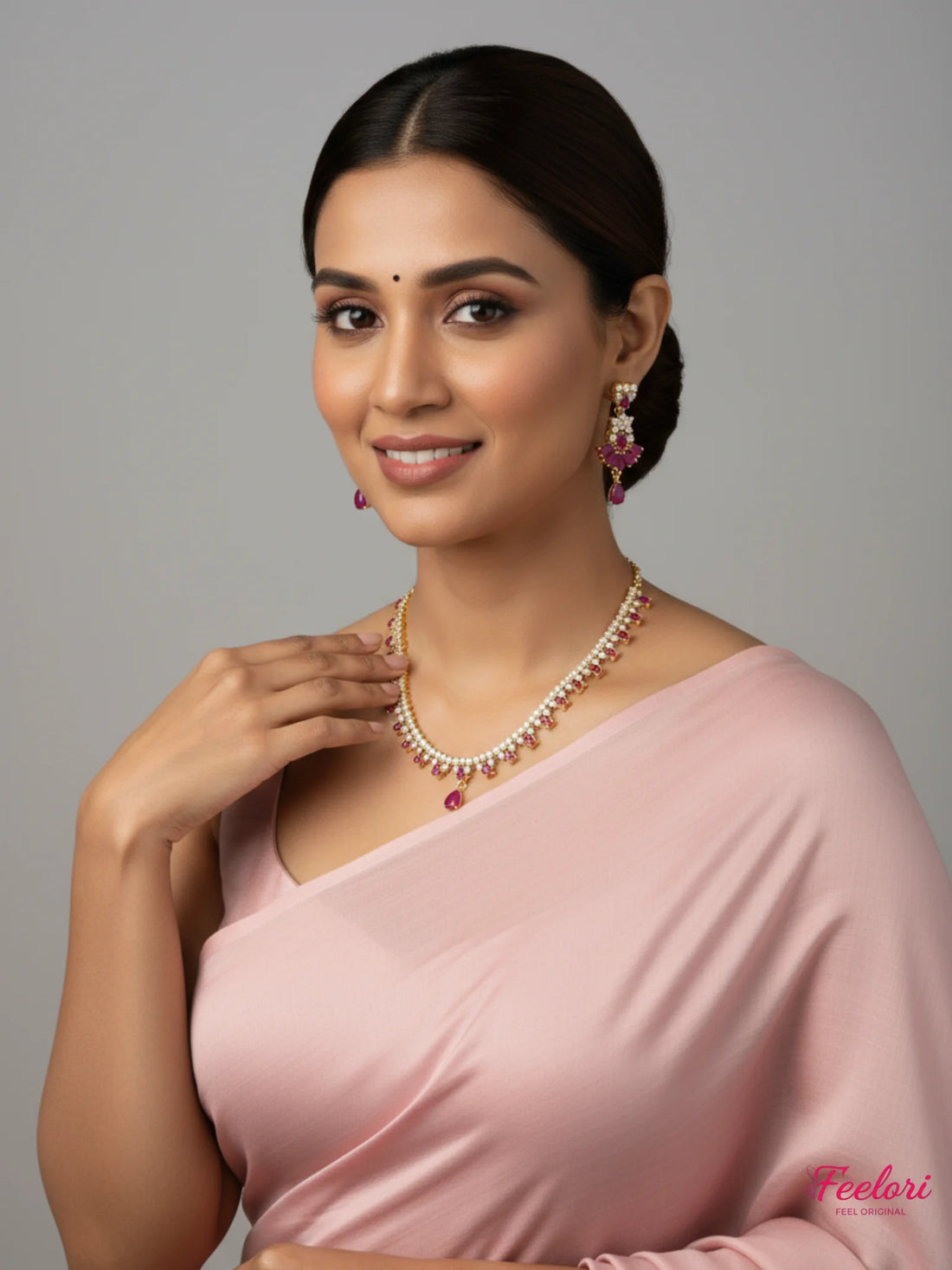 FeelOri Gold Plated Ruby Marquise Droplet Necklace Set - Clustered Earrings - Gold, Ruby Red - Lifestyle