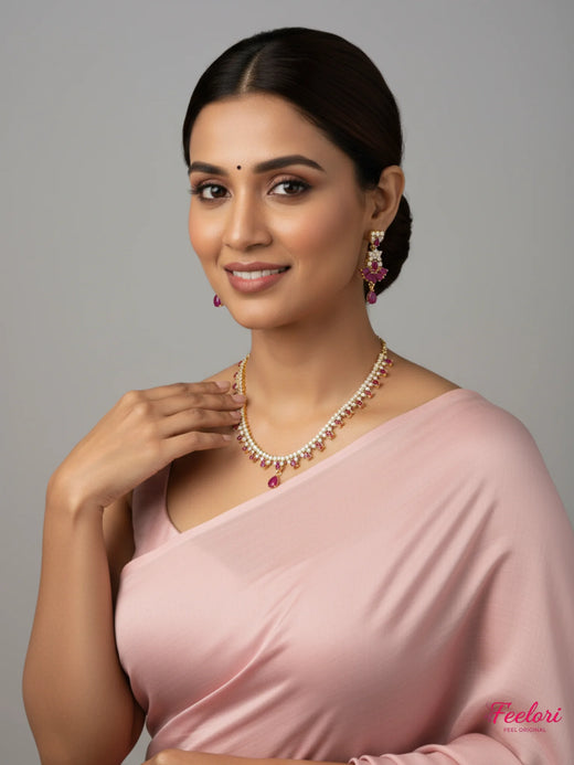 FeelOri Gold Plated Ruby Marquise Droplet Necklace Set - Clustered Earrings - Gold, Ruby Red - Lifestyle